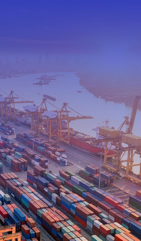 Aerial view of port with cargo containers.