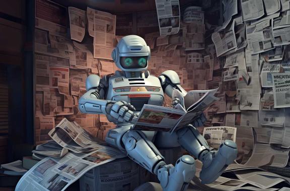 A robot engrossed in reading a newspaper while sitting on a stack of newspapers.