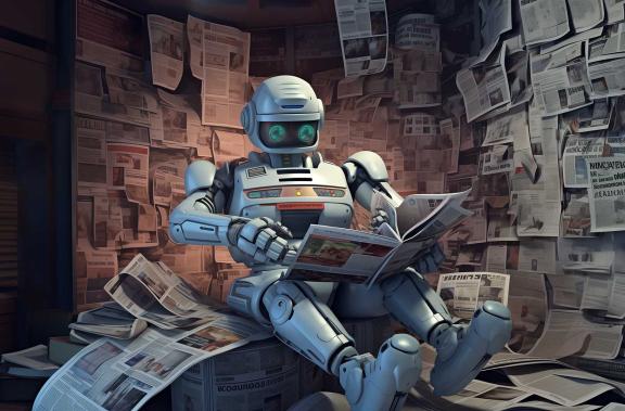 A robot engrossed in reading a newspaper while sitting on a stack of newspapers.