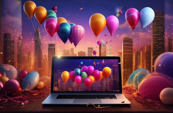 A laptop computer with colorful balloons floating above it, creating a vibrant and cheerful atmosphere.