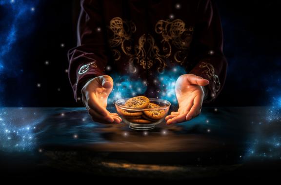 A magician unravelling a bowl of mysterious  cookies