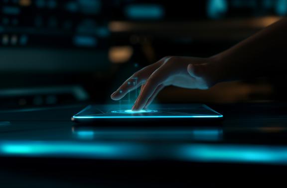 A person touching a tablet illuminated by blue lights.